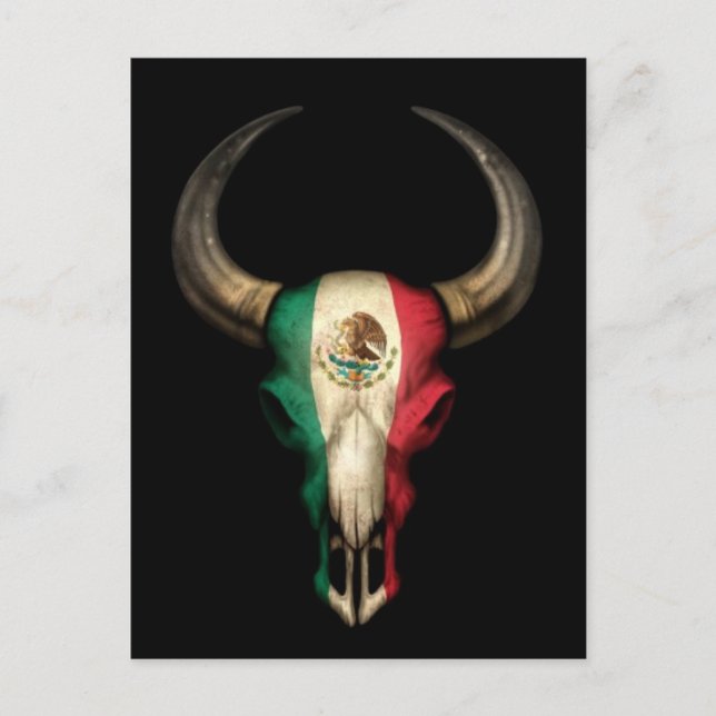 Postal Calavera de toro de bandera mexicana en negro (Anverso)