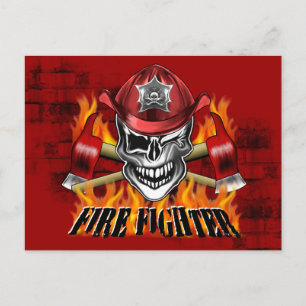 Postal Calavera del bombero y hachas flamantes