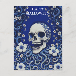 Postal Calavera espeluznante de Halloween con flores