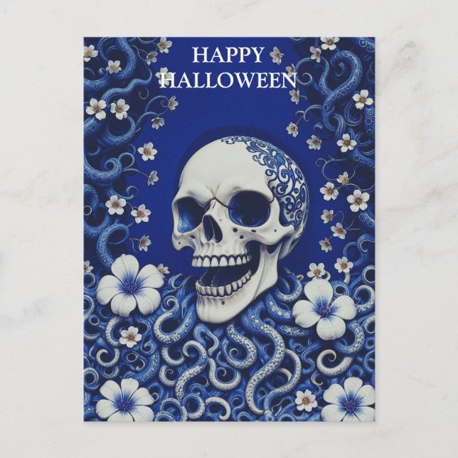 Postal Calavera espeluznante de Halloween con flores (Anverso)