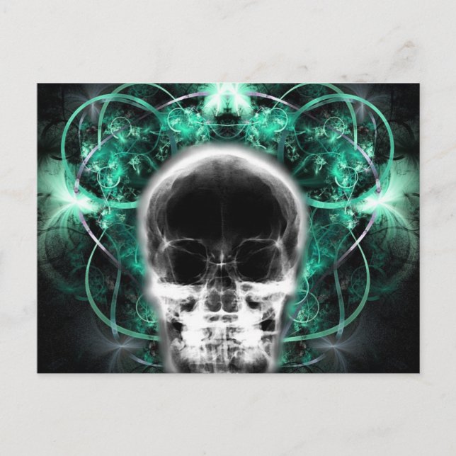 Postal Calavera fractal de mariposa de rayos X - Verde az (Anverso)