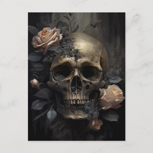 Postal Calavera humana y Rosas oscuro gótico (Anverso)