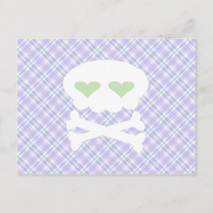 Postal Calavera Kawaii de huesos cruzados en cuadros púrp