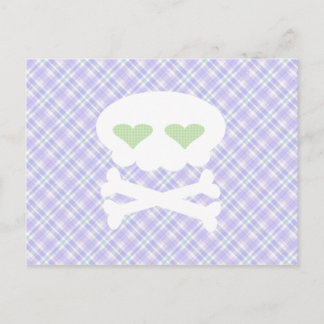 Postal Calavera Kawaii de huesos cruzados en cuadros púrp
