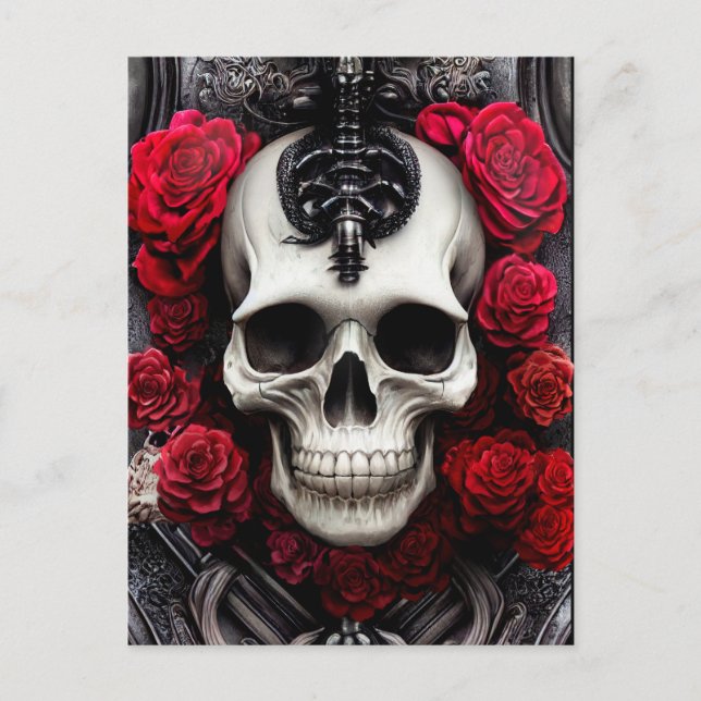 Postal Calavera oscura y gótica y muria de Rosas (Anverso)