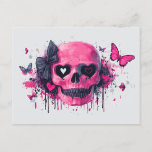 Postal Calavera rosa con mariposas y corazones