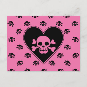 Postal Calavera Rosa en Corazón