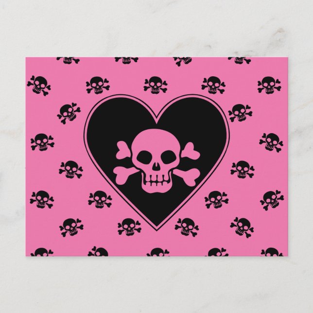 Postal Calavera Rosa en Corazón (Anverso)