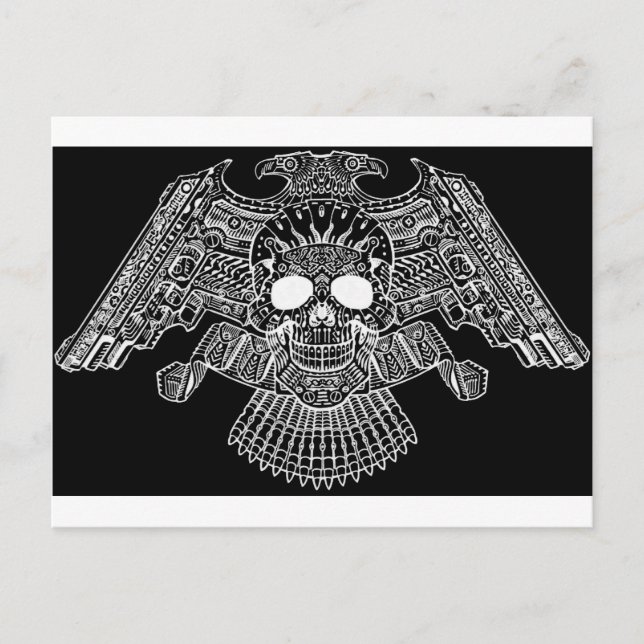 Postal Calavera simétrica con armas y balas de Al Rio (Anverso)