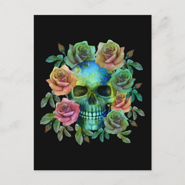 POSTAL CALAVERA VERDE DE LA MUERTE CON FLORES (Anverso)