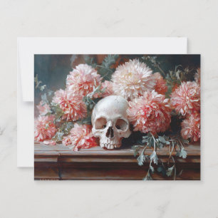 Postal Calavera vintage y flores rosas claras