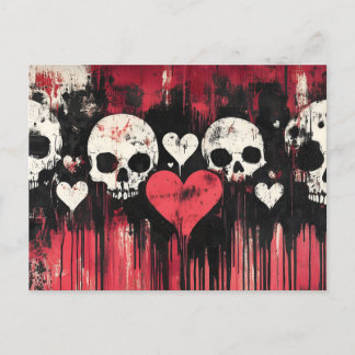 Postal Calavera y corazones grunge - negrita Arte rojo y 
