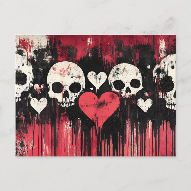 Postal Calavera y corazones grunge - negrita Arte rojo y  (Anverso)