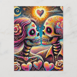 Postal Calaveras azucareras enamoradas Impresionista Chal