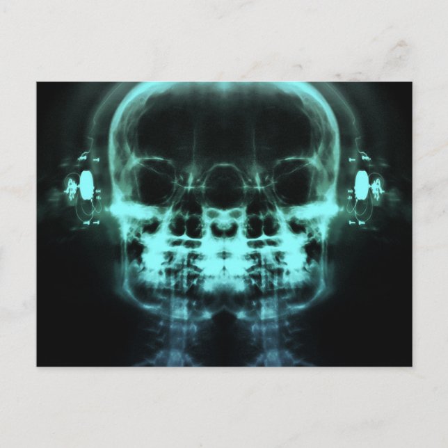 Postal Calaveras de doble rayos X con audífonos - Verde a (Anverso)