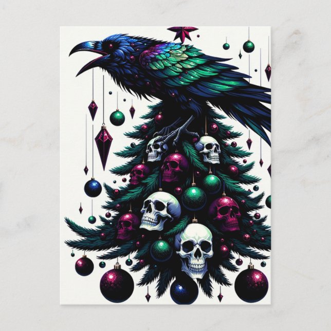 Postal Calaveras Góticas y Cuervo en el Árbol de Navidad (Anverso)