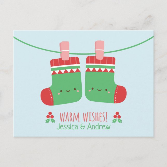 Postal Calcetines de Navidad de Deseos Cálidos Pareja (Anverso)