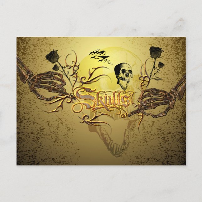 Postal Calcula la palabra con el cráneo gracioso, rosas (Anverso)