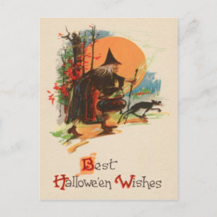 Postal Caldero de Bruja Gato Negro Luna Llena