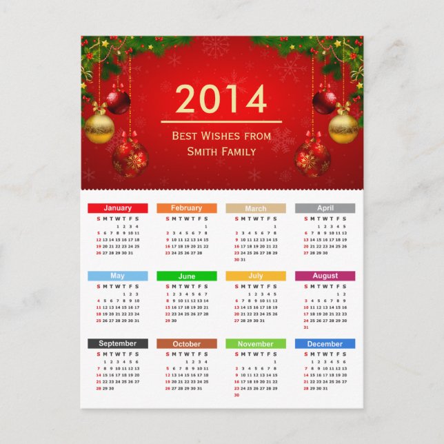 Postal Calendario 2014 con mejores deseos Personalizado t (Anverso)