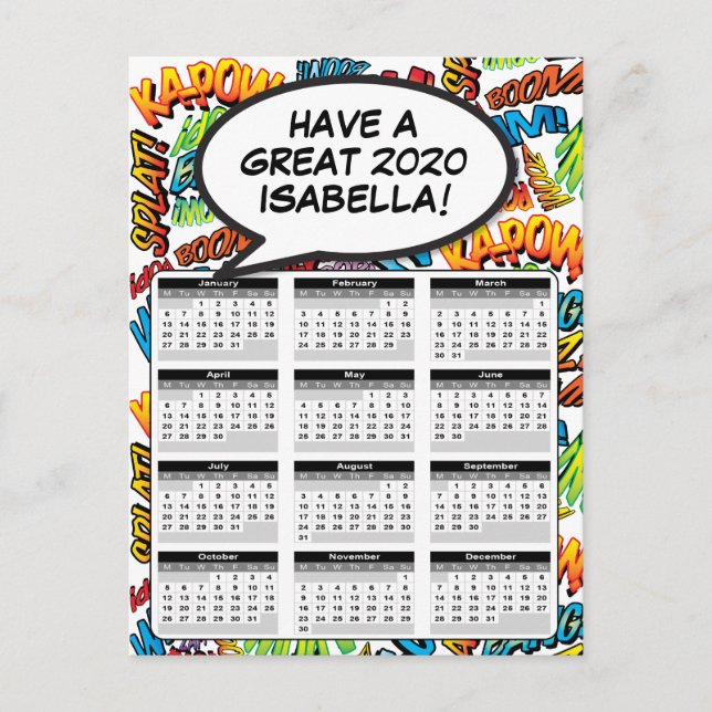 Postal Calendario 2020 de Burbuja de Diálogo de Arte Pop  (Anverso)