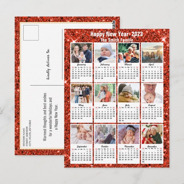 Postal Calendario 2023 Familia moderna 12 Foto Purpurina  (Anverso / Reverso)