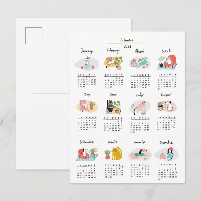 Postal Calendario 2023 Gatos y perros Personalizados (Anverso / Reverso)