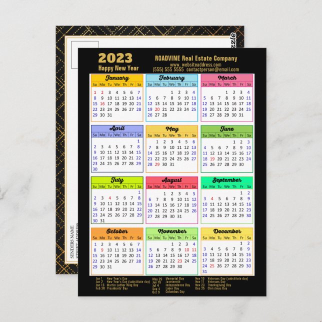 Postal Calendario 2023 Modern Black Gold Script Business (Anverso / Reverso)