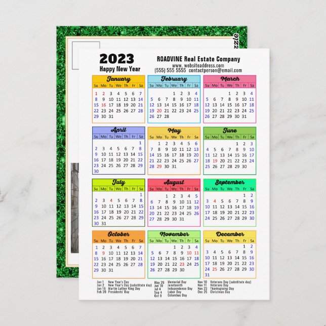 Postal Calendario 2023 Purpurina verde negro foto corpora (Anverso / Reverso)
