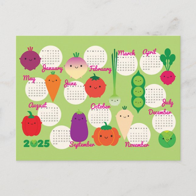 Postal Calendario 2025 de 5 por día para verduras Kawaii (Anverso)
