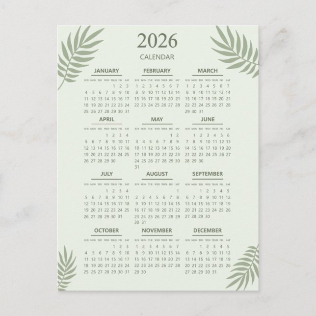 Postal Calendario 2026 Boho Estético Floral Sage Green (Anverso)