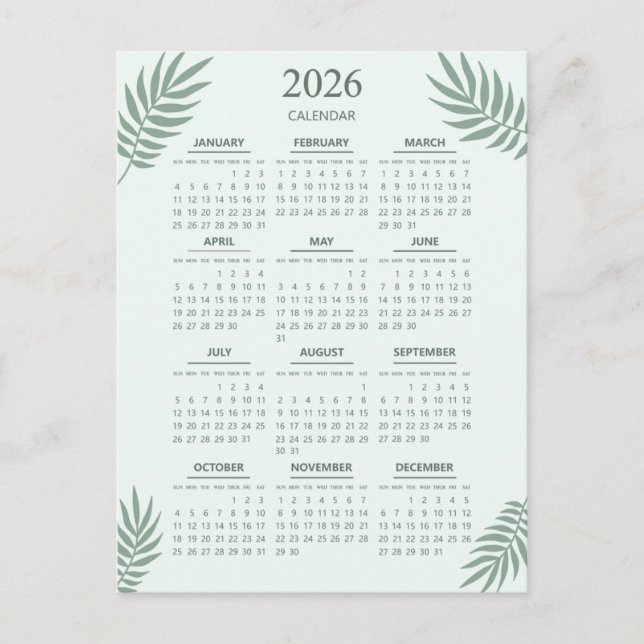 Postal Calendario 2026 Boho Floral Mint Green (Anverso)