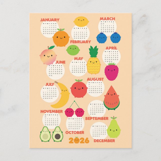 Postal Calendario 2026 De 5 A Day Fruits De Kawaii (Anverso)
