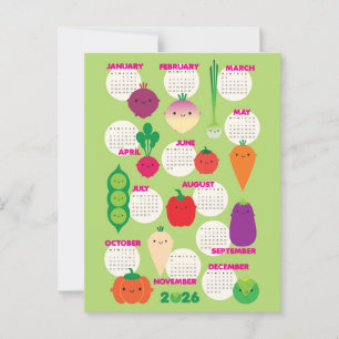 Postal Calendario 2026 de 5 por día de vegetales de Kawai
