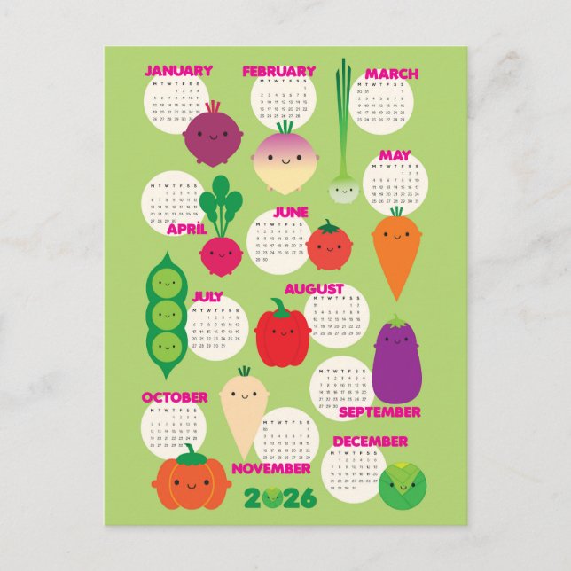 Postal Calendario 2026 de 5 por día de vegetales de Kawai (Anverso)