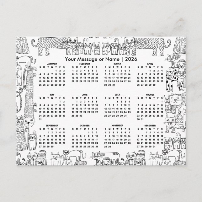 Postal Calendario 2026 de Gatos Mensaje o Nombre Personal (Anverso)