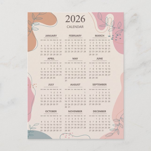 Postal Calendario 2026 Estética Boho Abstracta de Siglo X (Anverso)