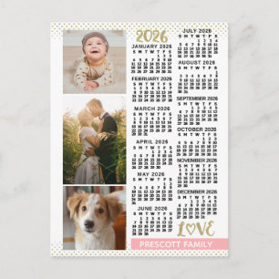 Postal Calendario 2026 Rosa Pálido Dorado Collage de Foto