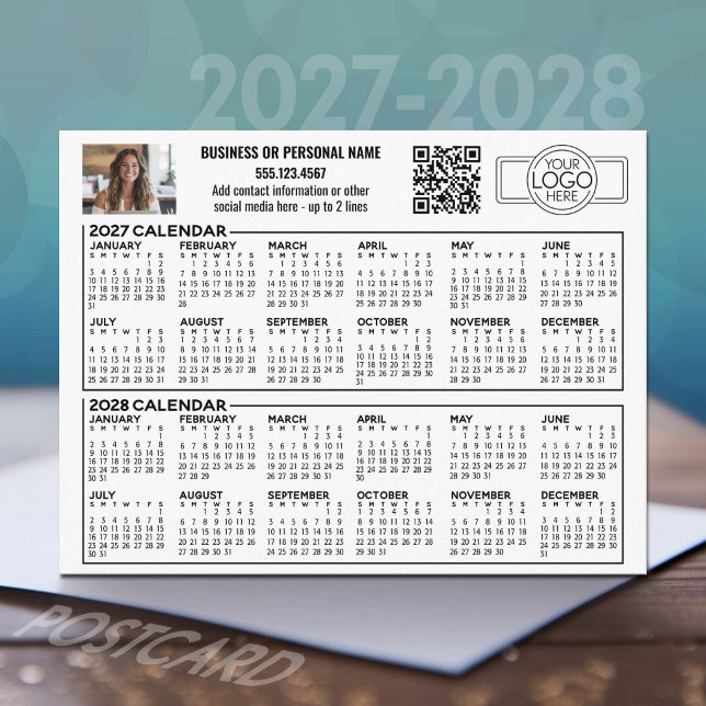 Postal Calendario 2027 2028 con logo, Código QR, Foto (2027 and 2028 Calendar Postcard)