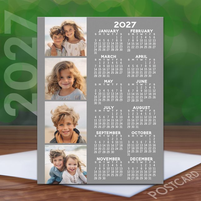 Postal Calendario 2027 con collage de 4 fotos - Gris (2027 Calendar on a Postcard)