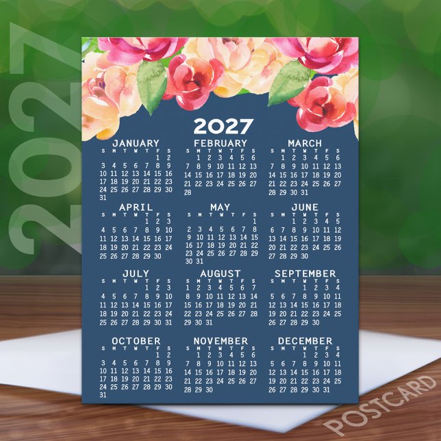 Postal Calendario 2027 con Flores de Acuarela Pintadas (2027 Calendar on a Postcard)