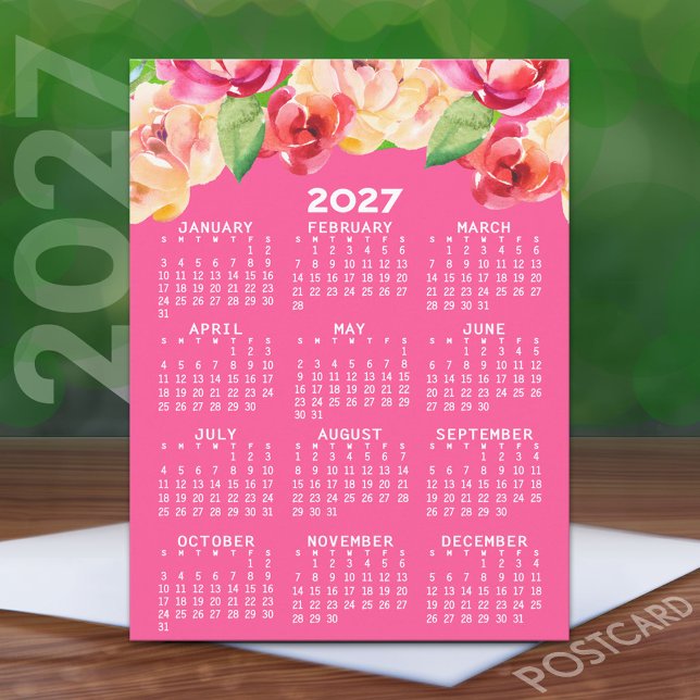 Postal Calendario 2027 Flores de Acuarela pintadas rosa (2027 Calendar on a Postcard)