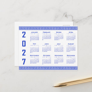 Postal Calendario 2027, greca, azul griego sobre blanco