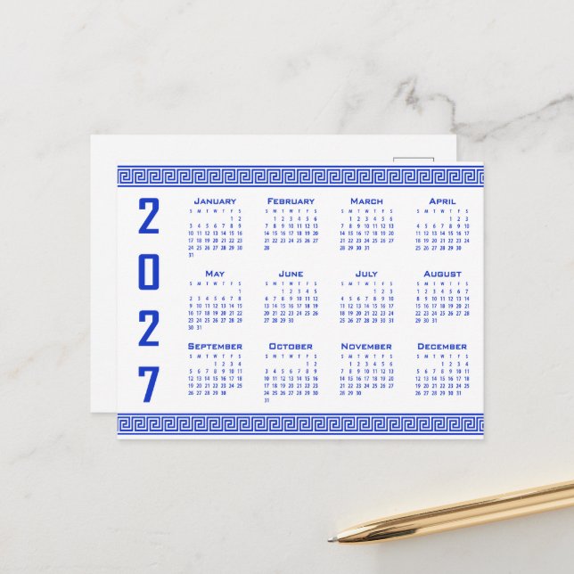 Postal Calendario 2027, greca, azul griego sobre blanco (Anverso/Reverso In Situ)