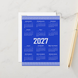 Postal Calendario 2027, greca griega, blanco sobre azul g