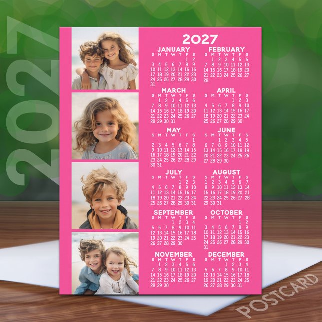 Postal Calendario 2027 Rosa con Collage de 4 Fotos (2027 Calendar on a Postcard)
