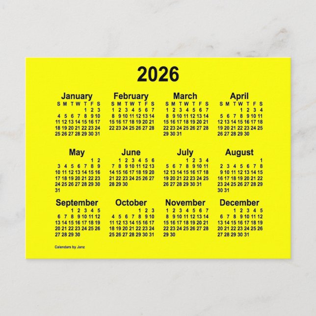 Postal Calendario Amarillo Mini de 2026 de Janz (Anverso)