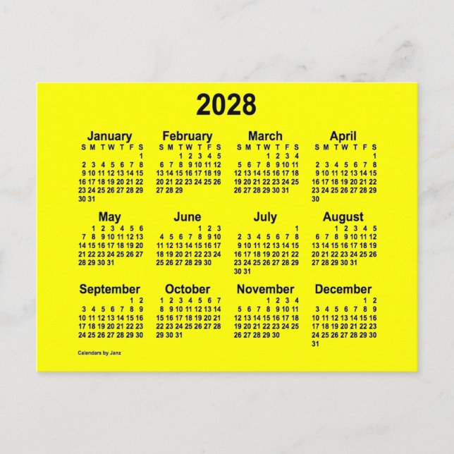 Postal Calendario Amarillo Mini de 2028 por Janz (Anverso)