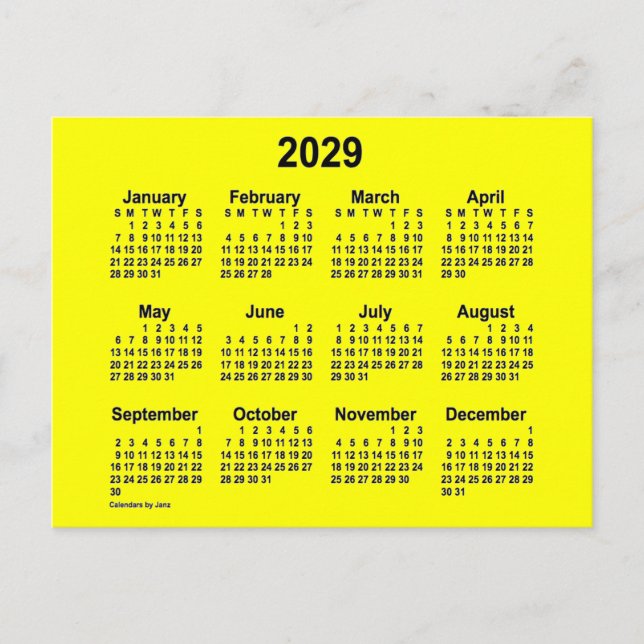 Postal Calendario Amarillo Mini de 2029 por Janz (Anverso)