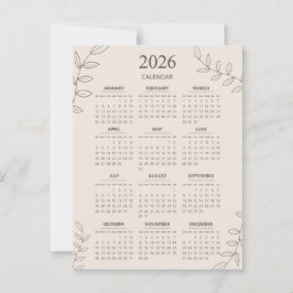 Postal Calendario anual 2026 Arte de línea floral Minimal